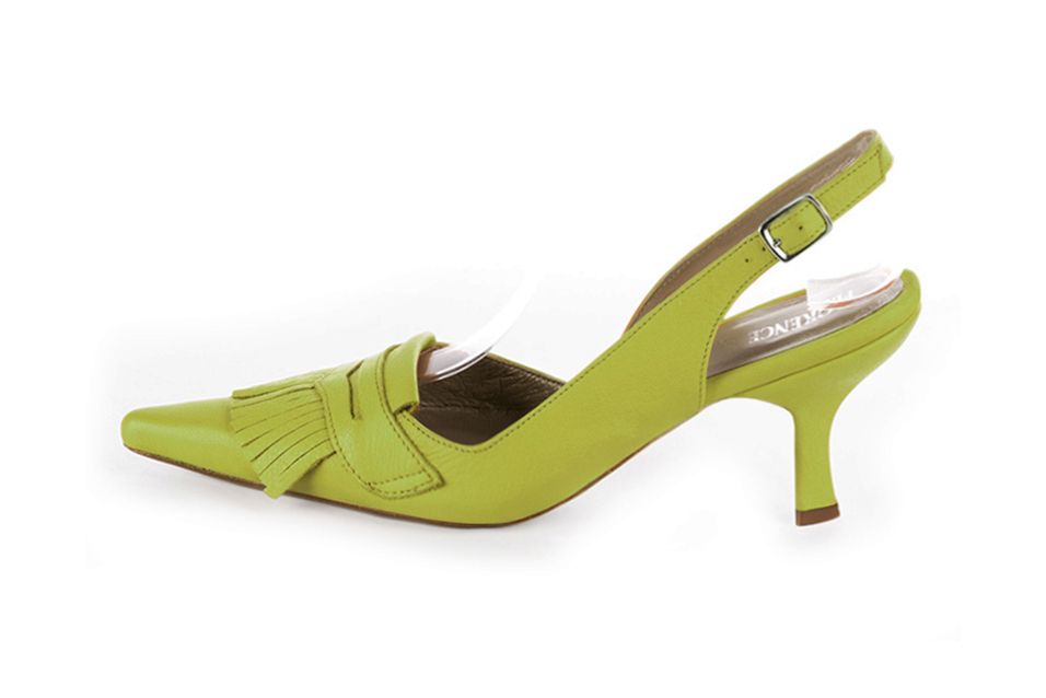 Dress slingback heels in pistachio green leather with high spool heels and pointed toe - Profile view